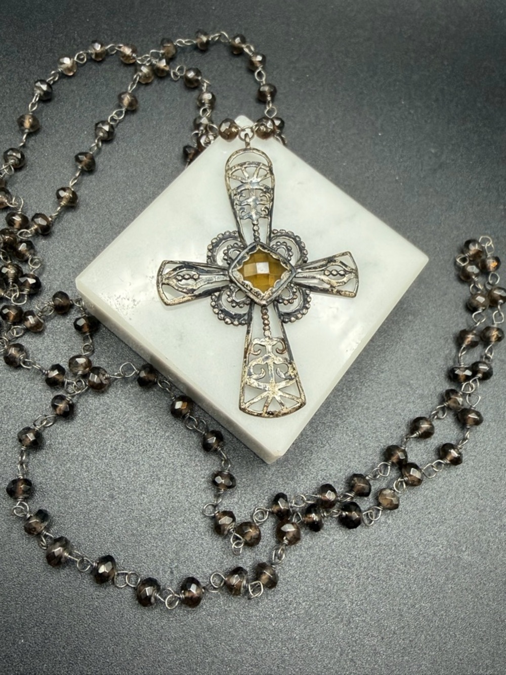 Silpada Marquessa 925 Sterling silver smoky quartz cross necklace #E443